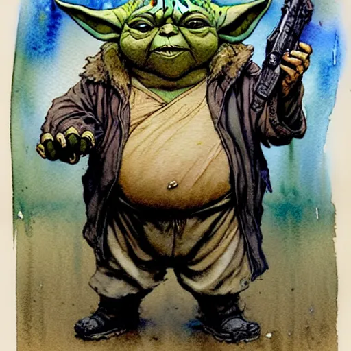 Image similar to a realistic and atmospheric watercolour fantasy character concept art portrait of a fat sleazy homeless chibi yoda wearing a wife beater and holding a glock, by rebecca guay, michael kaluta, charles vess and jean moebius giraud