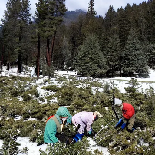 Image similar to a research team finding ancient human remains under snow, some parts of the remains are covered in ice, in the background is frosted green hills with a pine forest.