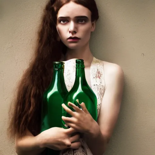 Prompt: photograph of antromoponorfic woman holding a bottle in street, surrealism, fashion shoot, award winning, kodak, 4 k, realistic intricate detail, hyper detail, woman very tired, full body potrait holding bottle, hazel green eyes, realistic, highlydetailed, natural, masterpiece, sharp focus, jennysaville