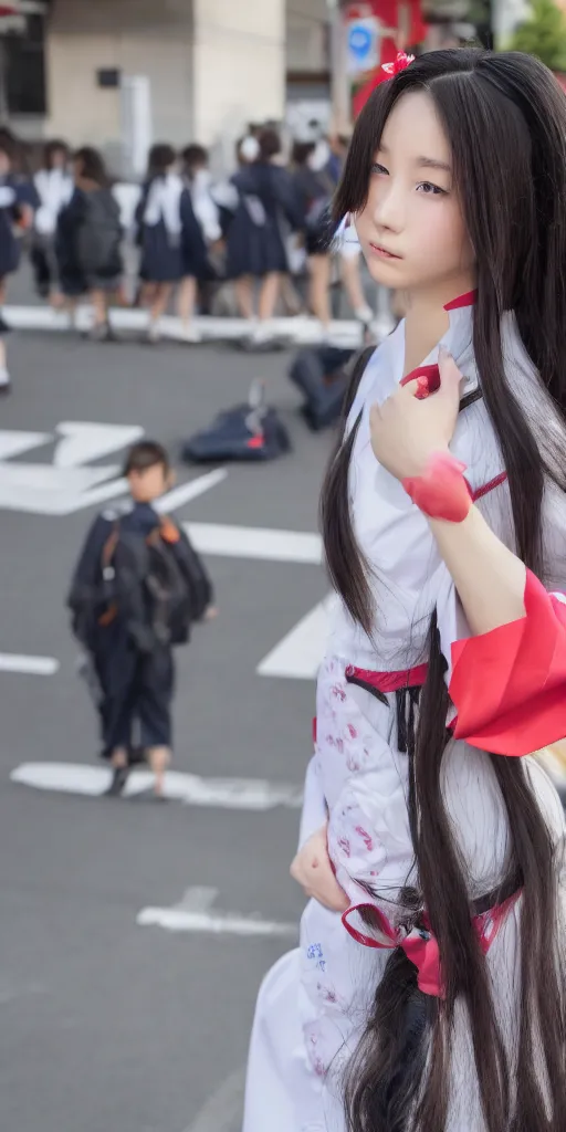 Prompt: a beautiful girl with long hair on japanese uniform high school waiting on a crosswalk daylight, 8 k