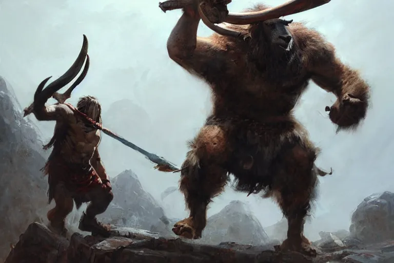 Prompt: hill giant wielding a goat as a weapon, horrifying brute by greg rutkowski, detailed painting