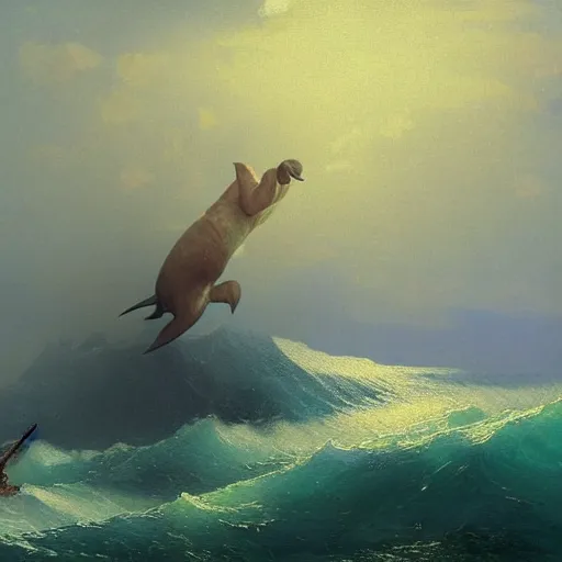 Image similar to Walrus jumping out of the ocean backwards wielding a flamethrower, volumetric lighting, RTX, neon lights, painting by Ivan Aivazovsky