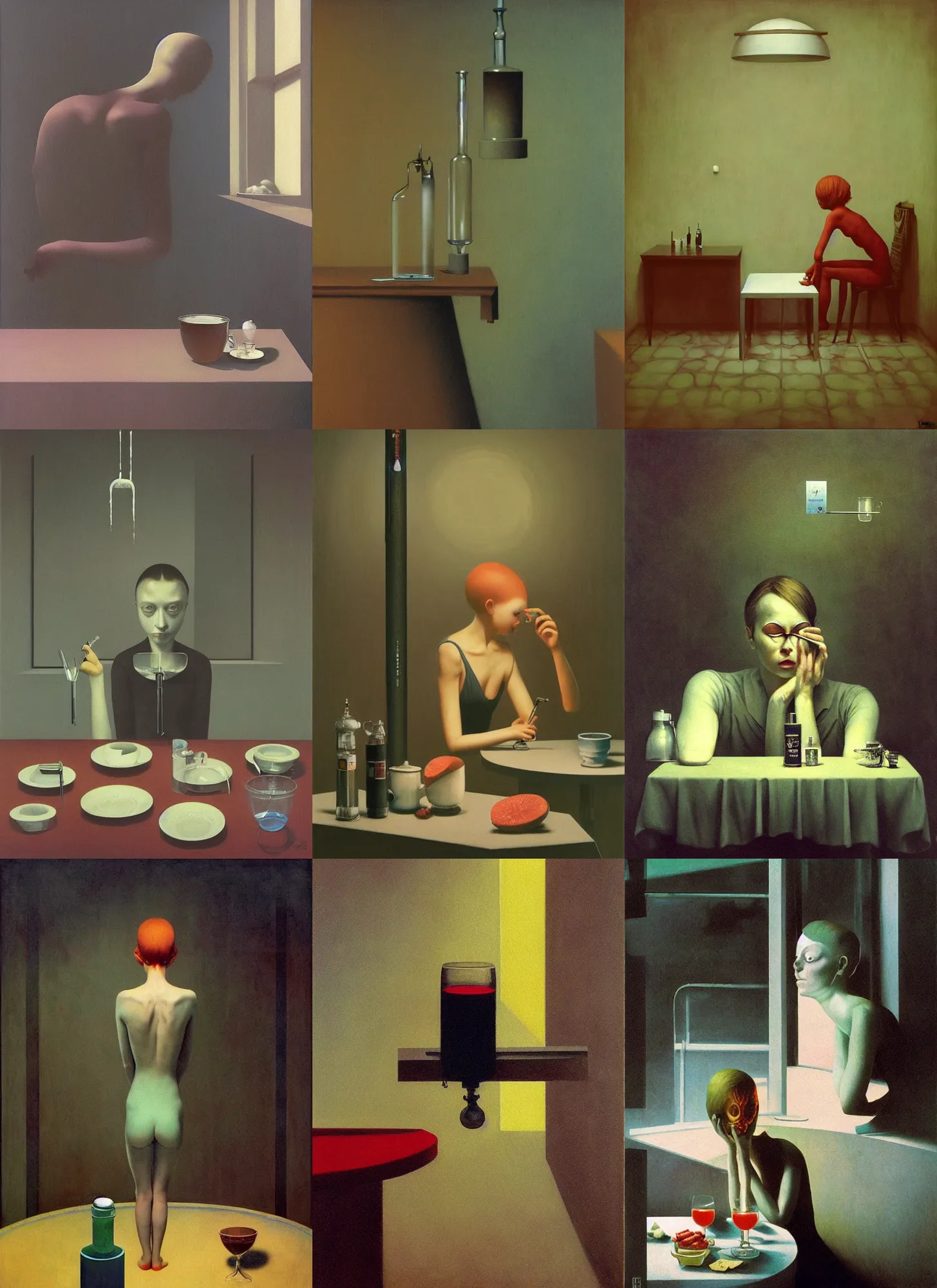 Prompt: a syringe full of doubt and a glass full of anxiety are all part of a... breakfast Edward Hopper and James Gilleard, Zdzislaw Beksinski, Mark Ryden, Wolfgang Lettl highly detailed