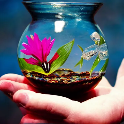 Prompt: a photo of tattooed hand holding an empty fishbowl, in which is a sparkling flower, water in the background