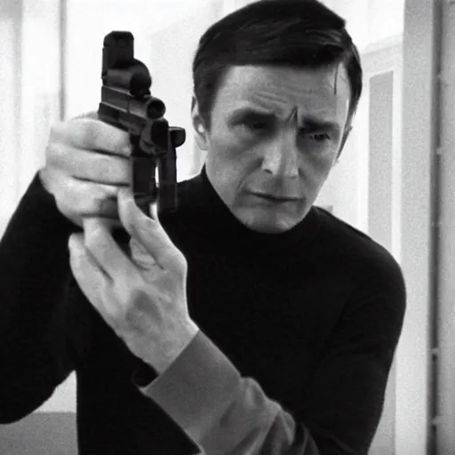 Prompt: A man in a black turtleneck sweater pointing a gun equipped with a silencer at the camera, cinematographic, dark, movie scene, spy movie, investigative film