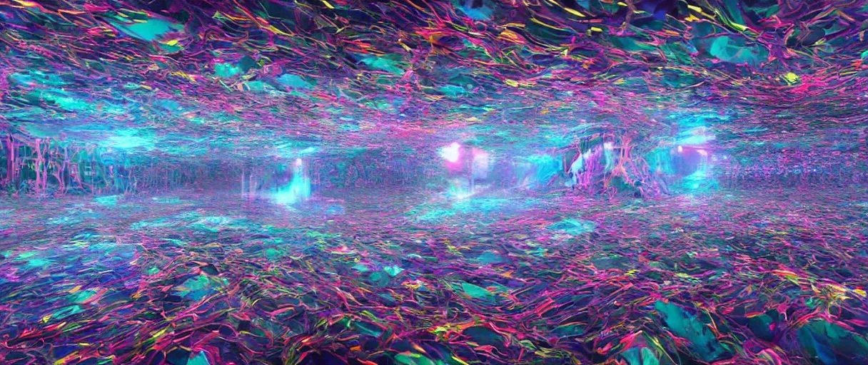 Image similar to dream landscape, simulation, glitch art, generative art, volumetric object, physical particles, translucence, cinematic lighting, iridescence, by ash thorpe