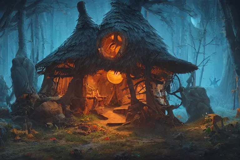 Prompt: witch hut, ambient lighting, concept art, intricate, hyper detailed, smooth, dynamic volumetric lighting, octane, cinematic, high quality, high resolution, 4 k, cubist painting by picasso