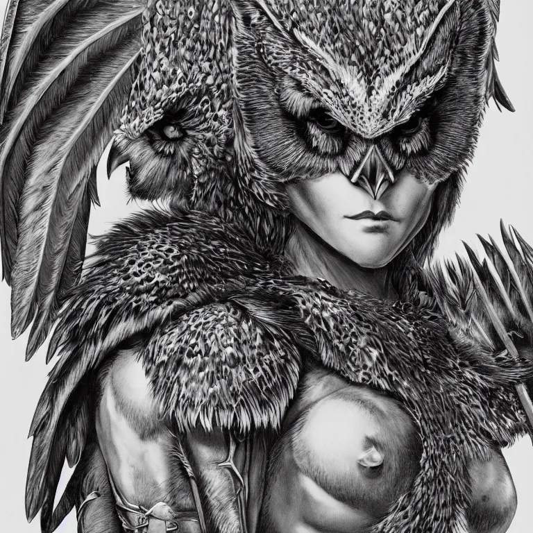 Image similar to wide shot of muscular female owl warrior, realistic proportions, sharp focus, beautiful face, wearing feather armor, wielding an owl broadsword, symmetrical, highly detailed, engraving kentaro miura manga art style trending on artstation 8 k