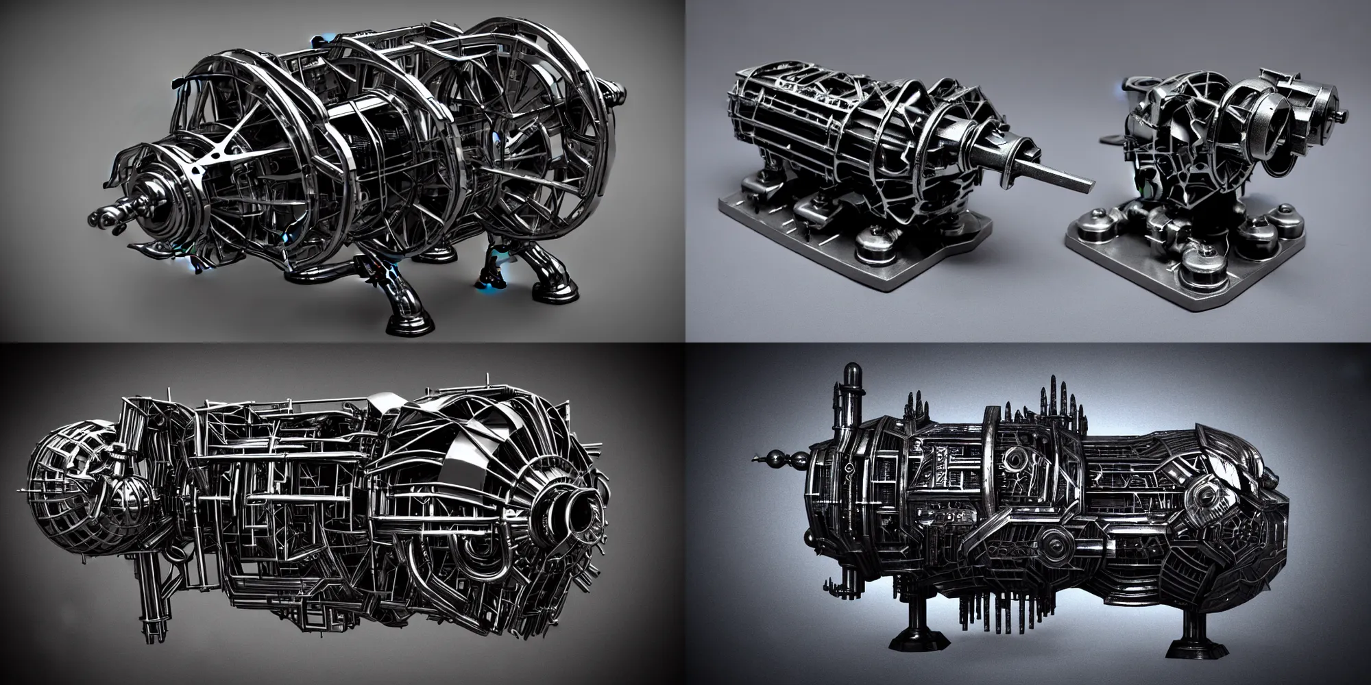 Image similar to brushed metal dark graphite creature cyborg ship engine underground mechanism