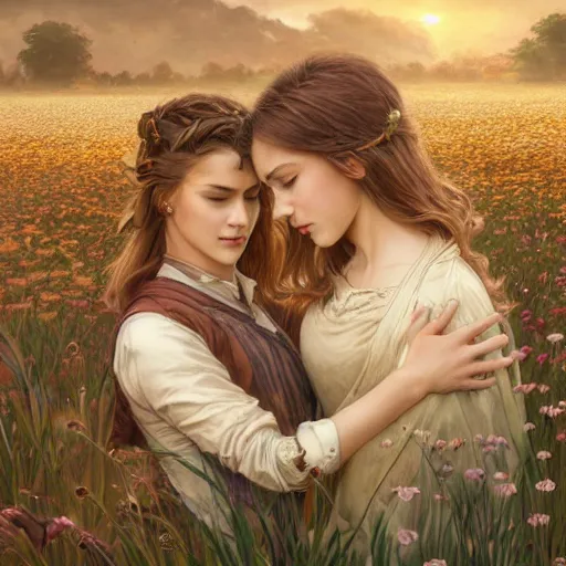 Image similar to a blonde guy and woman with brown hair hugging each other in a flower field at sundown, D&D, fantasy, intricate, elegant, highly detailed, digital painting, artstation, concept art, matte, sharp focus, illustration, hearthstone, art by Artgerm and Greg Rutkowski and Alphonse Mucha