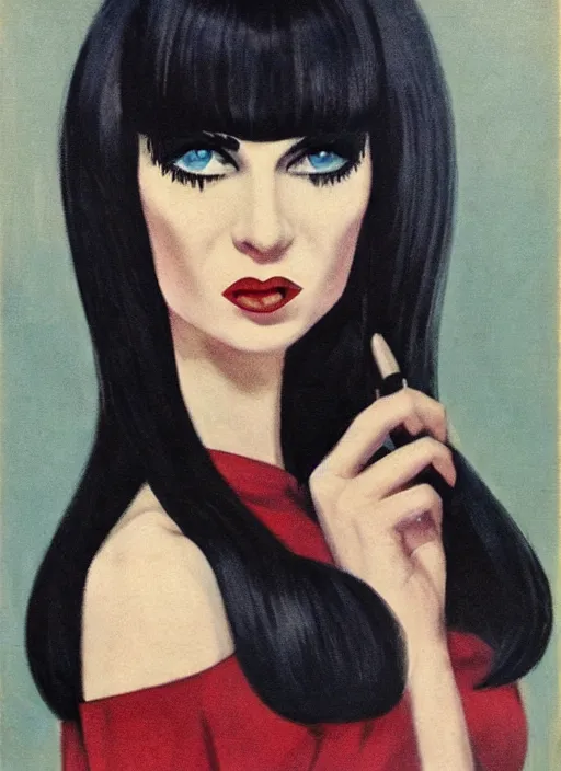 Prompt: portrait 1 9 6 0 s beautiful mod girl, long straight 6 0 s hair with bangs, wearing velvet, vampire, glam, groovy, by brom