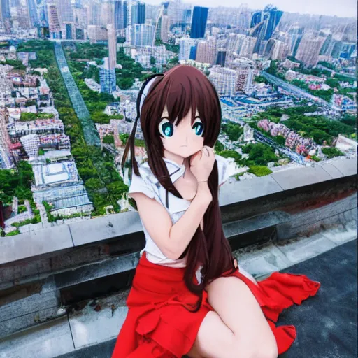 Image similar to anime girl looks from a cliff at a huge city