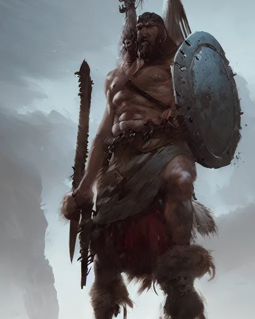 Image similar to hyper realistic photo of barbarian warrior, full body, cinematic, artstation, cgsociety, greg rutkowski, james gurney, mignola