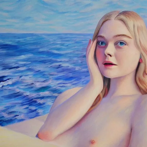 Prompt: painting of Elle Fanning in the ocean, white sandy beach, by cubo-futurism