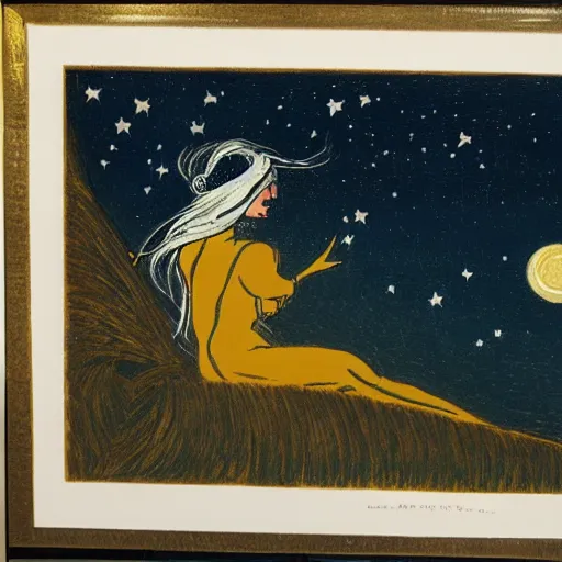 Image similar to spaceghost coast to coast by robert antoine pinchon. a beautiful print of a woman with long flowing hair, wild animals, & a dark, starry night sky.