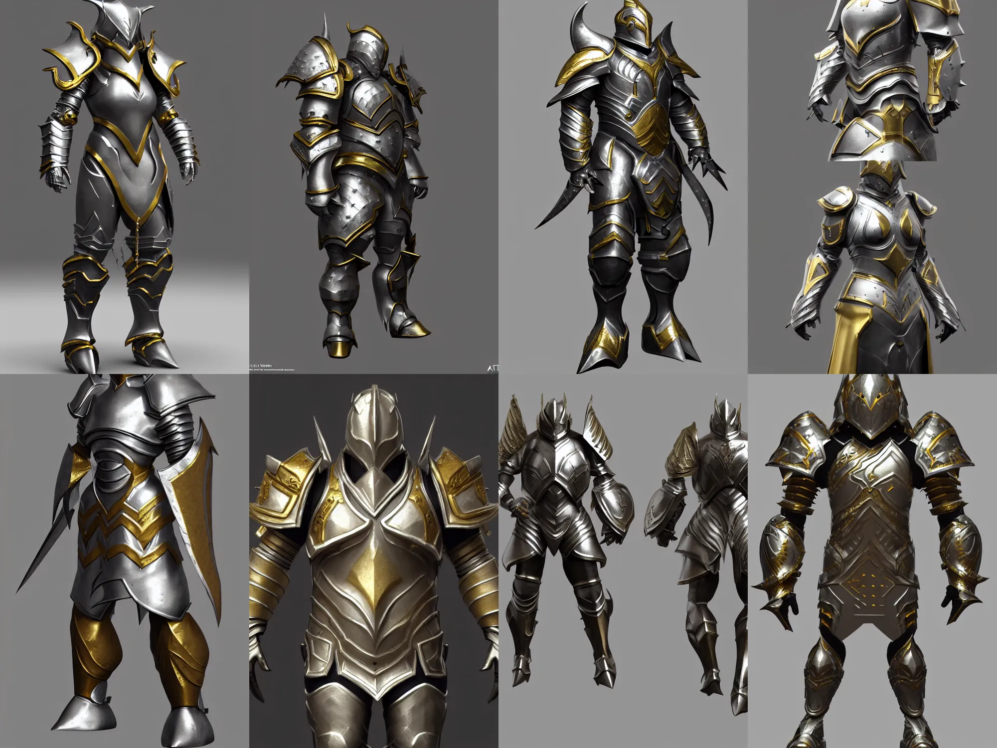 Prompt: render of heavy fantasy armor, silver with gold trim, extremely clean, exaggerated proportions, trending on Artstation, fantasy character concept, HD Octane render