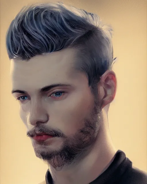 Prompt: portrait of a man in his mid - twenties with dull blue eyes, short dark blond hair, short goatee, ultra realistic, epic, highly detailed, hd, sharp focus, cinematic lighting, realistic, dreamy, vivid colors, dreary, morose, matt painting, digital art, non blurry, sharp, artstation, concept art, smooth, illustration