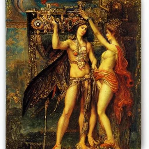 Prompt: a symbolist painting about the lie we live in the style of Jupiter and Semele by Gustave Moreau