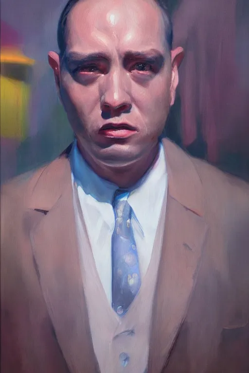 Prompt: hyperrealism oil painting, close - up portrait of a gangster from the 2 0 s in new york, in style of yanjun cheng