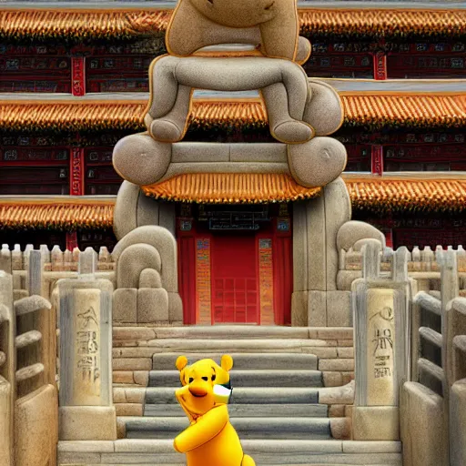 Image similar to winnie the pooh explores the forbidden city in china, award winning photography, extremely detailed artstation 8 k sensual lighting epic composition, weta pixar disney