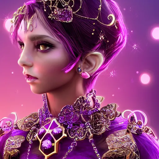 Image similar to portrait princess of amethyst, glowing, ornate and intricate purple jewelry, jaw dropping beauty, glowing background lighting, purple accent lighting, hyper detailed, fairy tale, 4 k octane render