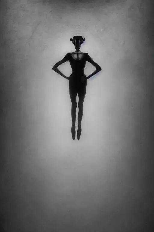 Image similar to dark ballerina, emil melmoth, concept art, deviantart, dark, 3 5 mm, chiaroscuro, surrealist, victorian, mist, dark, on an empty stage from above, symmetrical face