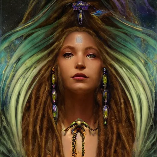 Image similar to birth of mami wata, sumerian goddess inanna ishtar, ashteroth, techno mystic goddess princess intergalactica, with aqua neon rapunzel dreadlocks, mami wata, detailed, by gaston bussiere, bayard wu, greg rutkowski, giger, maxim verehin, greg rutkowski, masterpiece, sharp focus,