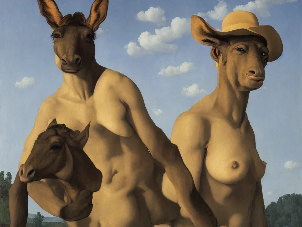 Image similar to a mule-person hybrid by Raphael, Hopper, and Rene Magritte. detailed, romantic, enchanting, trending on artstation.