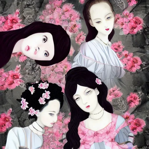 Image similar to renaissance, realistic, group of creepy young ladies pink cheeks wearing renaissance harajuku manga dress pale grey and white flowers, background chaotic flowers