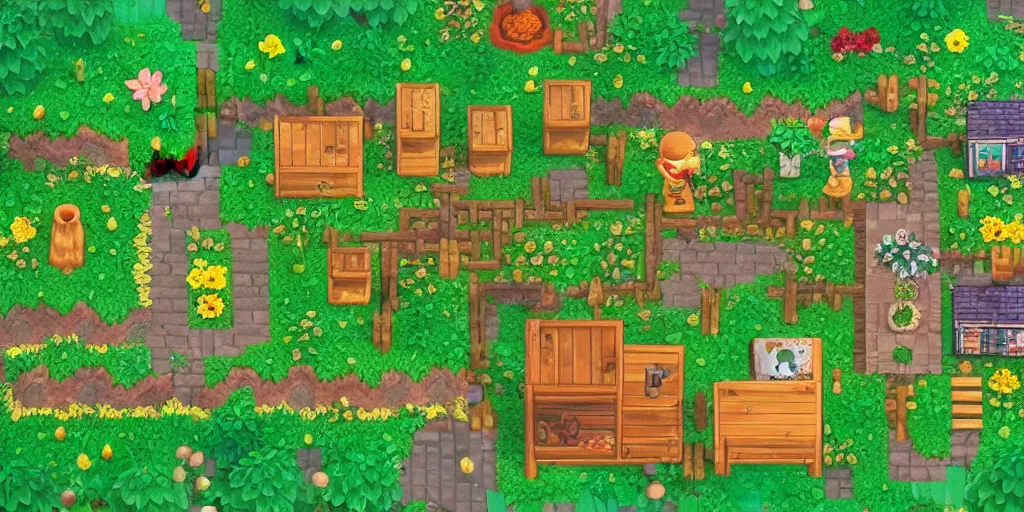 Image similar to small garden village, cottagecore, animal crossing, stardew valley, moss, village, plants, cute, friendly in the style of studio ghibli