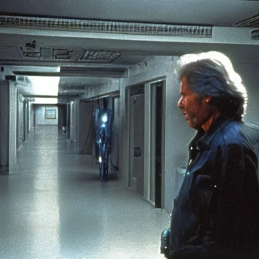 Image similar to movie still, 1 9 8 0 s, harrison ford and john carpenter talking, sci - fi corridor in the background, photorealistic, hyperdetailed, by ridley scott and john carpenter, blue leds