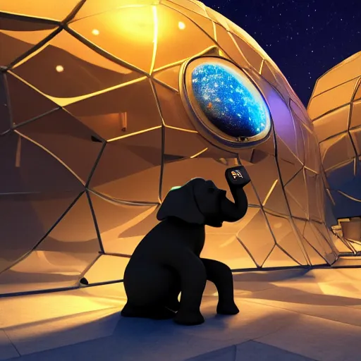 Image similar to a hyperrealistic photograph 3D octane render of an elephant wearing virtual reality goggles playing a synthesizer inside of a geodesic dome planetarium with planets and galaxies, trending on artstation, 8k, 4K, dramatic lighting, glowing, volumetric lighting, ray tracing, unreal engine