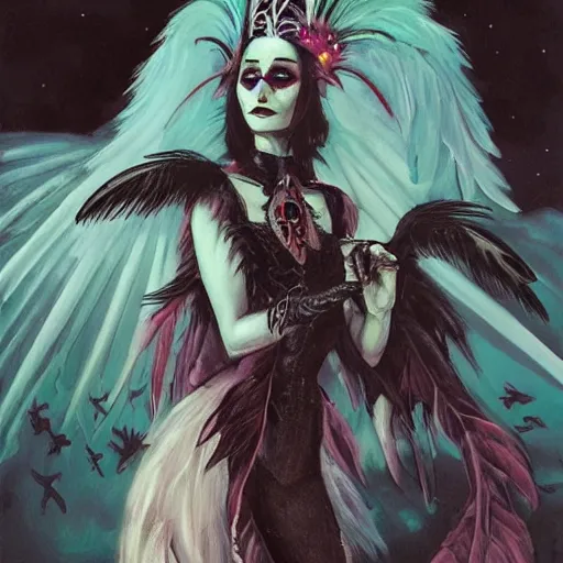 Image similar to Anna pavlova as beautiful dark angel gothic atompunk evil Disney villain queen with black feather hair, feathers growing out of skin, in front of space station window, highly detailed, dreamy, oil painting, Mike mignola, trending on artstation, comic book cover, illustration