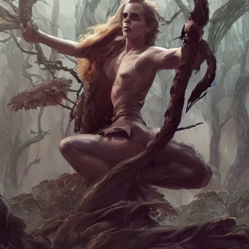 Image similar to portait of a very muscled emma watson swinging her long sword forest monster, front game card, drark, marvel comics, dark, intricate, highly detailed, smooth, artstation, digital illustration by ruan jia and mandy jurgens and artgerm and wayne barlowe and greg rutkowski and zdislav beksinski