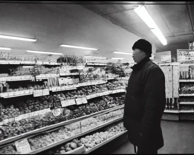 Prompt: camera footage of a genghis khan standing at the fruit stand, high exposure, dark, monochrome, camera, grainy, CCTV, security camera footage, timestamp, zoomed in, fish-eye lense, fish-eye lense