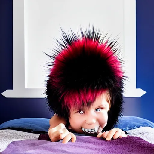 Prompt: monster red eye sharp teeth spiky fur:: bedroom:: closet:: kid in bed:: horror:: blue, red, purple, black:: realistic