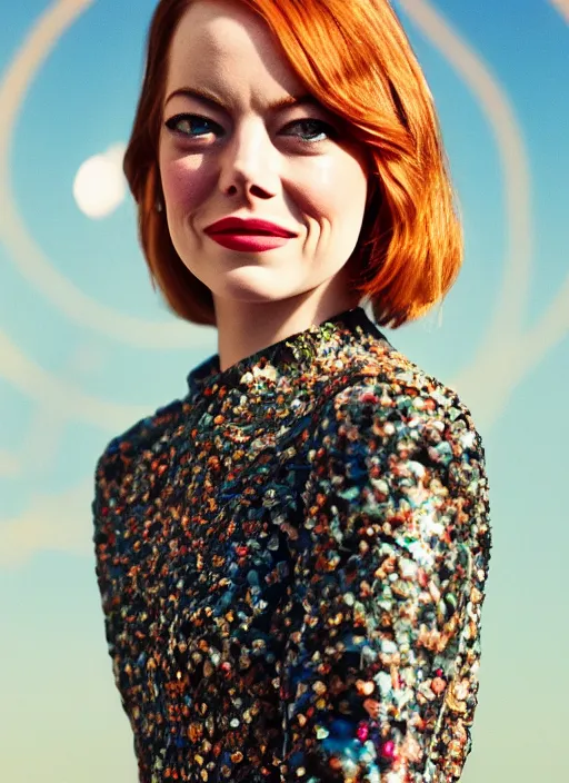 Prompt: beautiful Emma Stone wearing a vintage Raypunk outfit, accurate anatomy, abstract sun in background, shiny soft skin, soft lighting, sharp details, warm colors, full body portrait, 35 mm film, subsurface scattering, lens flare