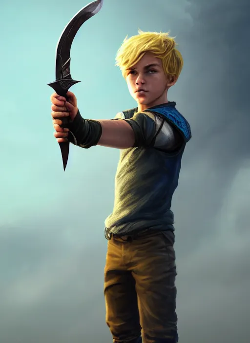 Image similar to An epic fantasy comic book style portrait painting of a young blonde boy thief holding a dagger, unreal 5, DAZ, hyperrealistic, octane render, cosplay, RPG portrait, dynamic lighting