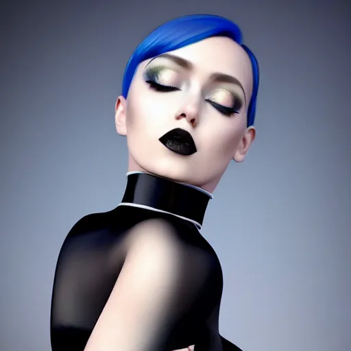 Image similar to a feminine curvy pale hot goth cutie wearing an tight navyblue-black-gold latex-nylon high-neck dress, choker necklace, cgsociety, photorealistic, sublime-cool-hyperadvanced-dark-amorous ambience, 16k, smooth, sharp focus, trending on ArtStation, volumetric lighting, fully clothed, thin waist