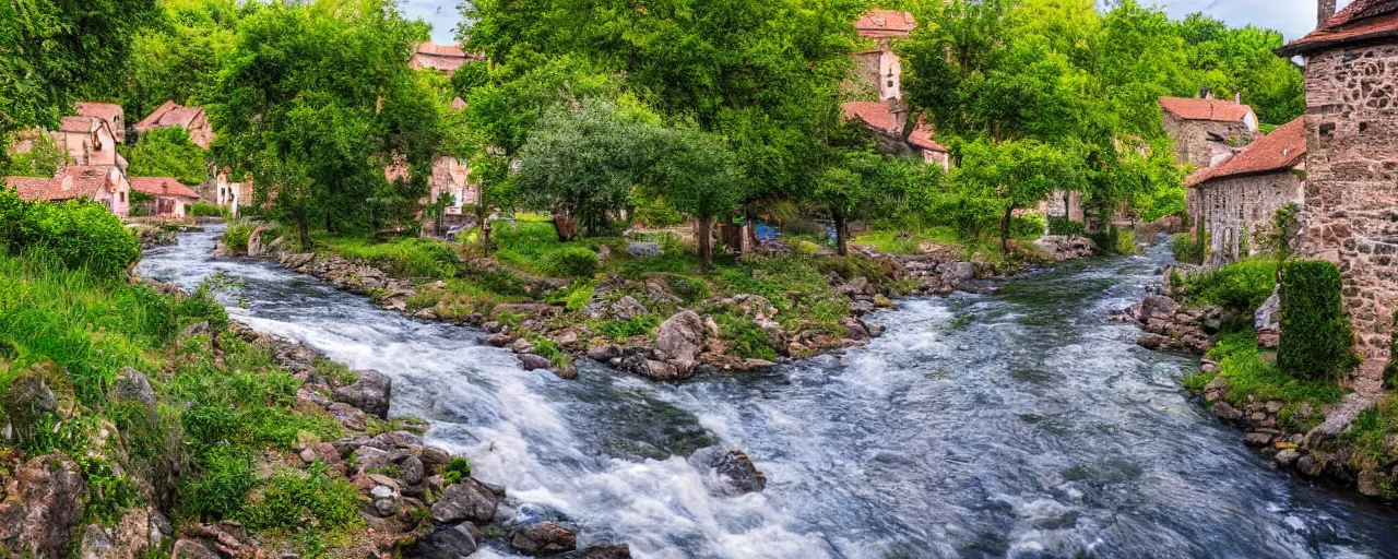 Image similar to a river running through a medieval village, summer, beautiful colors, wide-angle photograph, award winning, highly detailed