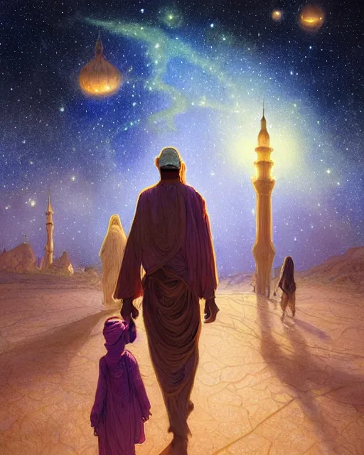 Image similar to bedouin man and woman and child in galaxy walking towards mosque surrounded by nebula, highly detailed, gold filigree, romantic storybook fantasy, soft cinematic lighting, award, disney concept art watercolor illustration by mandy jurgens and alphonse mucha and alena aenami, pastel color palette, featured on artstation