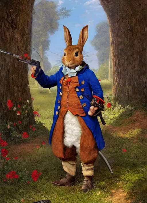 Prompt: peter rabbit as a continental soldier from the revolutionary war, digital art by eugene de blaas and ross tran, vibrant color scheme, highly detailed, in the style of romanticism, cinematic, artstation, greg rutkowski