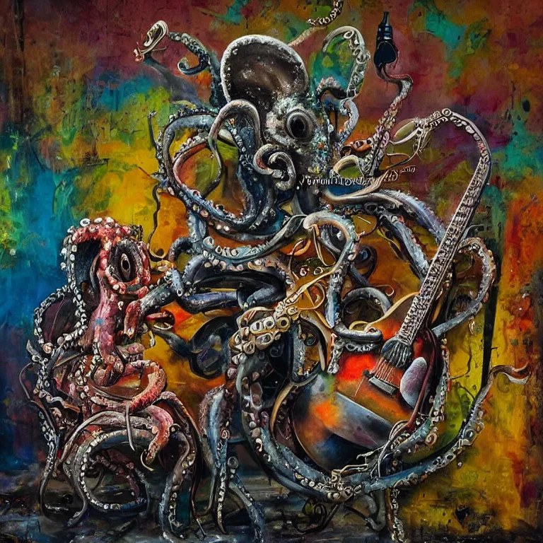 Prompt: a beautiful painting by bordalo ii of an octopus playing drums and telecaster guitar in an electronic concert, dark background, concert light, dark mood, warm lights