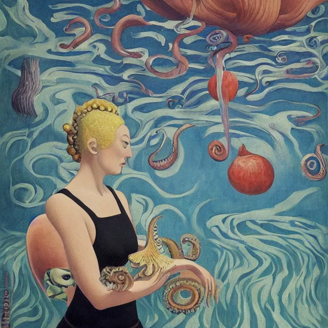 Prompt: tall female artist holding a nautilus in her flooded kitchen, pomegranates, window, octopus, water gushing from ceiling, painting of flood waters inside an artist's apartment, a river flooding indoors, ikebana, zen, rapids, waterfall, black swans, canoe, berries, acrylic on canvas, surrealist, by magritte and monet