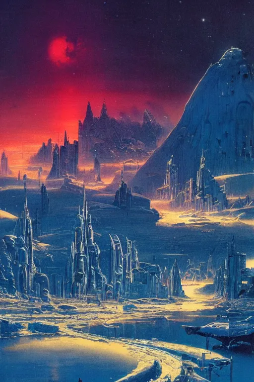 Prompt: a city in an frozen world landscape, cosmic sky sci - fi vivid by bruce pennington