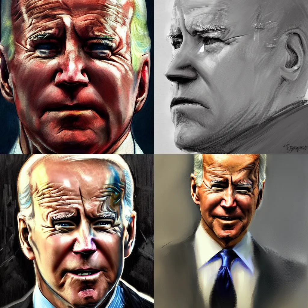 Prompt: A hyperdetailed digital oil portrait painting of Joe Biden with a cold expression in the style of Guy Denning and Ruan Jia. Trending on ArtStation and DeviantArt. Digital art.