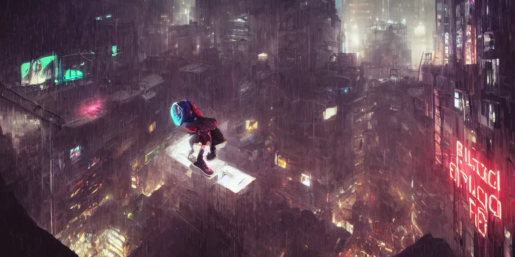 Image similar to cinematic shots of teenagers with tech clothing and hoods and tactical masks doing risky parkour on the rooftops of a dystopian city, neon lights, sci - fi, night lights, rain and haze, concept art, intricate, in the style of katsuhiro otomo, akira, unreal engine