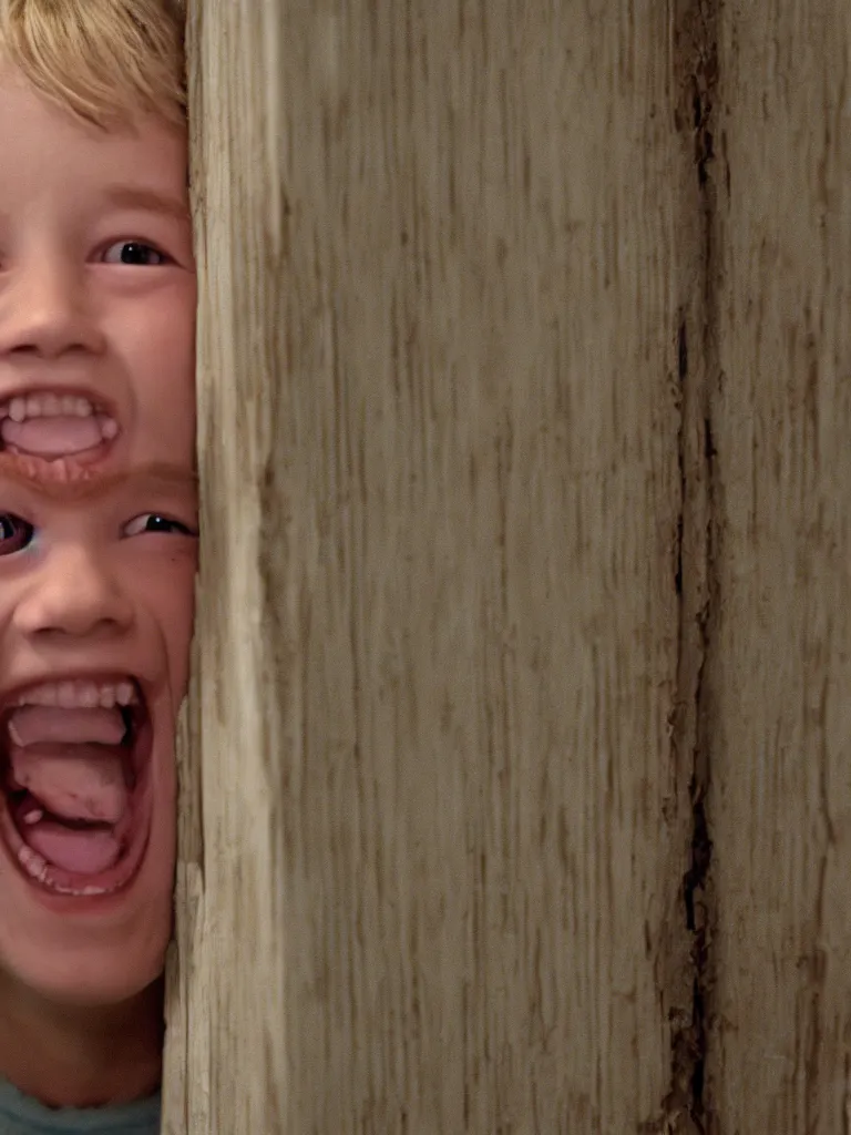 Prompt: a cute little blonde kid trying to see through a huge vertical crack on a white wooden door and grinning maniacally, a still from the 1980 movie the shining, realism, 4k, grainy, panavision