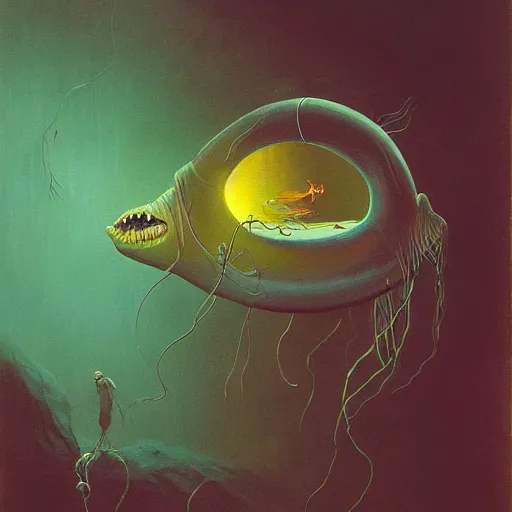 Image similar to a painting of a angler fish with a light in its mouth, a surrealist painting by zdzisław beksinski, behance contest winner, fantasy art, lovecraftian, bioluminescence, fractalism