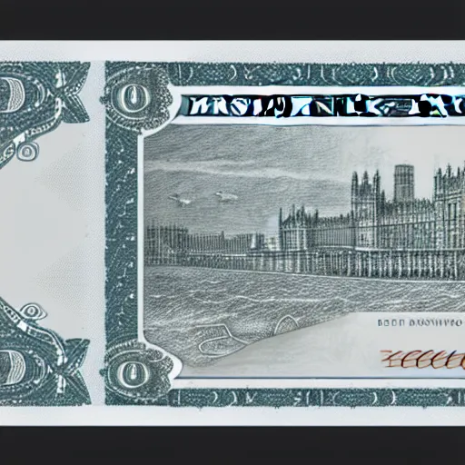 Prompt: concept design of british, britain, uk, £ 5 0 note for the year 2 0 3 3